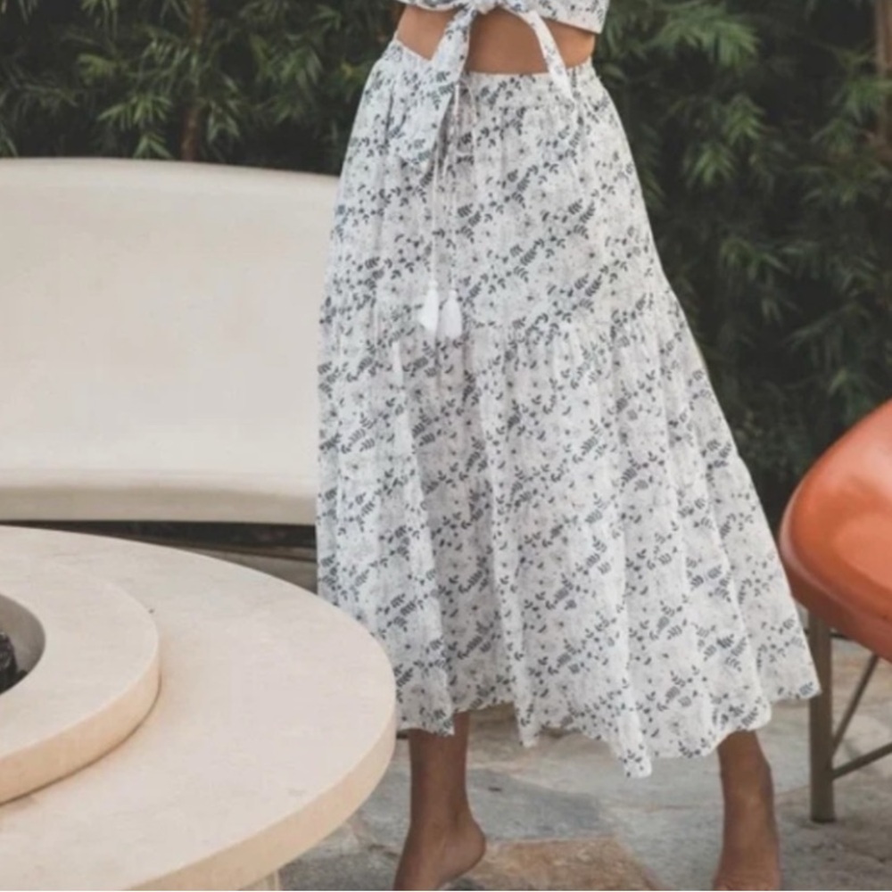Cleobella Chelsea Skirt Medium Blue White Killarney Floral Tiered Midi